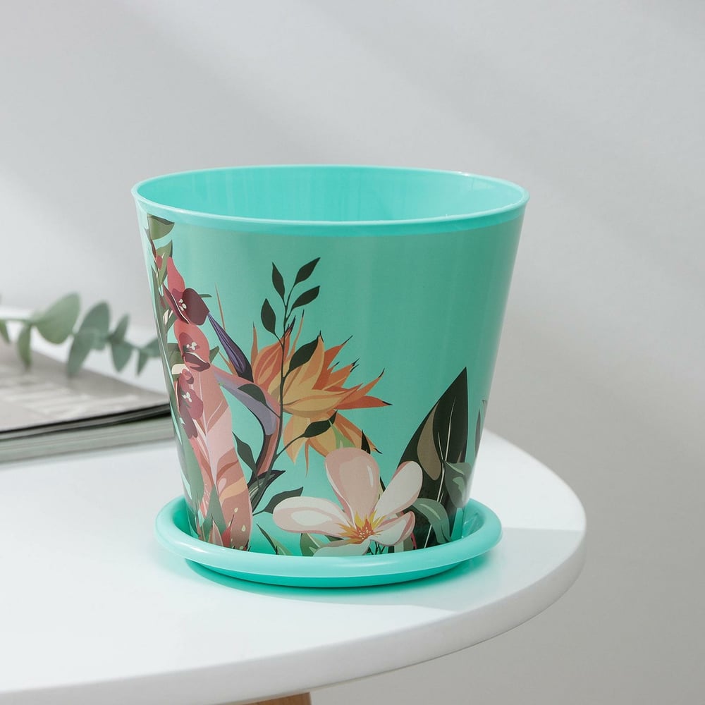 Изображение товара Горшок для цветов Доляна Тропический лес 0.8 л с поддоном, зеленый