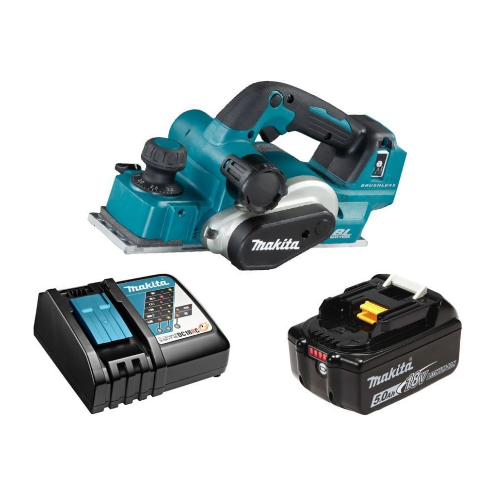 Изображение товара Аккумуляторный рубанок Makita 18 В с регулировкой глубины и аккумулятором 5 Ач