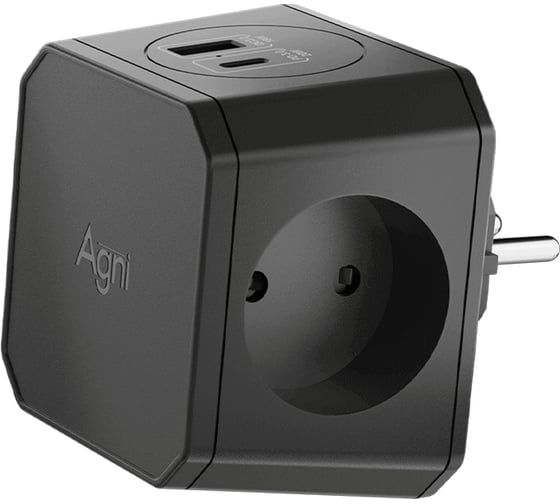Изображение товара Разветвитель AGNI на 3 розетки, 1 USB 18 Вт + 1 Type-C 20 Вт, чёрный TP-WJ2U3E-black
