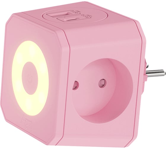 Изображение товара Разветвитель AGNI на 3 розетки, ночник, 1 USB 18 Вт + 1 Type-C 20 Вт, розовый TP-WJ2U3E TP-WJ2U3E-L-pink
