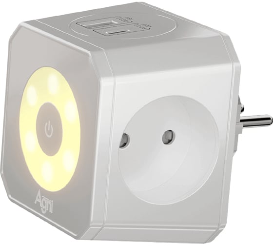 Изображение товара Разветвитель AGNI на 3 розетки, ночник, 1 USB 18 Вт + 1 Type-C 20 Вт, серый TP-WJ2U3E TP-WJ2U3E-L-gray