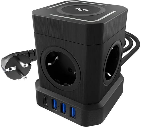 Изображение товара Сетевой фильтр AGNI башня, 5 розеток, 3 метра, 3 USB + 1 Type-C 20 Вт, чёрный TP-VE4U5E-C-W-3m-black