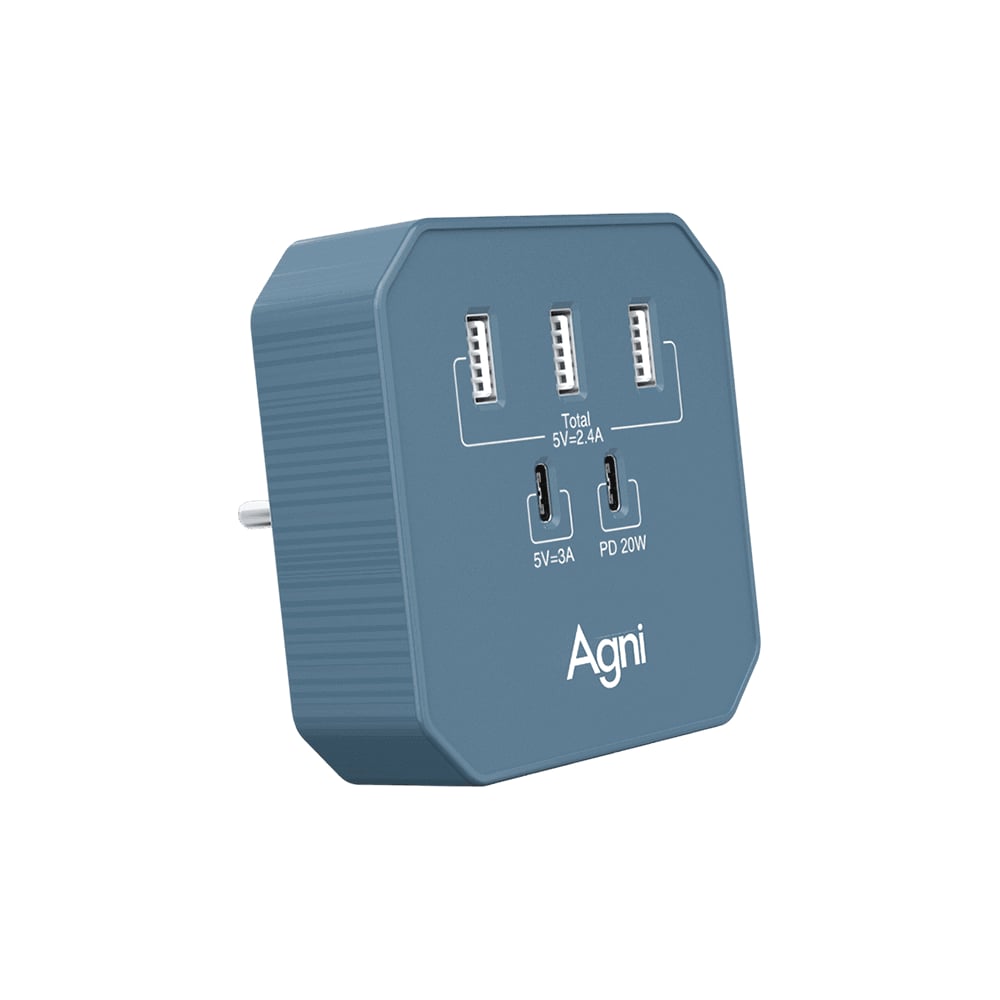 Изображение товара Тройник для розетки AGNI зарядное устройство, 3 USB-A, 2 USB-C, цвет синий TP-WB2U3E-blue