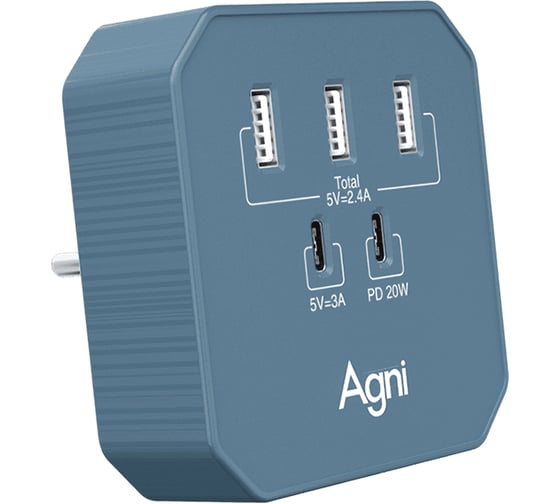 Изображение товара Тройник для розетки AGNI зарядное устройство, 3 USB-A, 2 USB-C, цвет синий TP-WB2U3E-blue