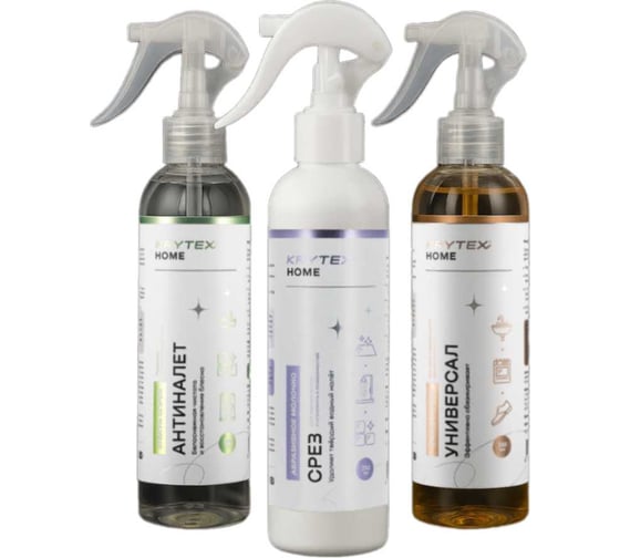 Изображение товара Набор для уборки ванной комнаты KRYTEX HOME Универсал, Срез, Антиналет, три средства для туалета, ванной, душевых кабин, кафеля и сантехники Набор для ванны KRYTEX HOME