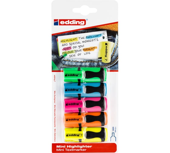Изображение товара Текстовыделители Edding MINI, клиновидный наконечник, 1-3 мм, 5 шт, ассорти, блистер E-7#5S#B