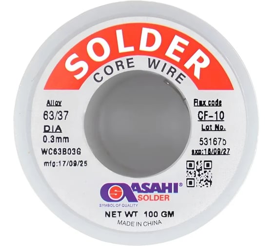 Изображение товара Припой ASAHI 0.3мм 0.1кг Sn63/Pb37 (CF10 флюс RA) 00-00016362