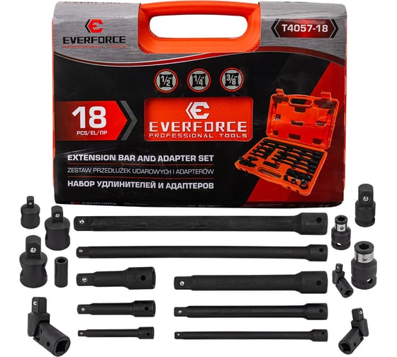 Изображение товара Набор удлинителей и адаптеров EVERFORCE 18 предметов 1/4 3/8 1/2 EF-T4057-18(65242)