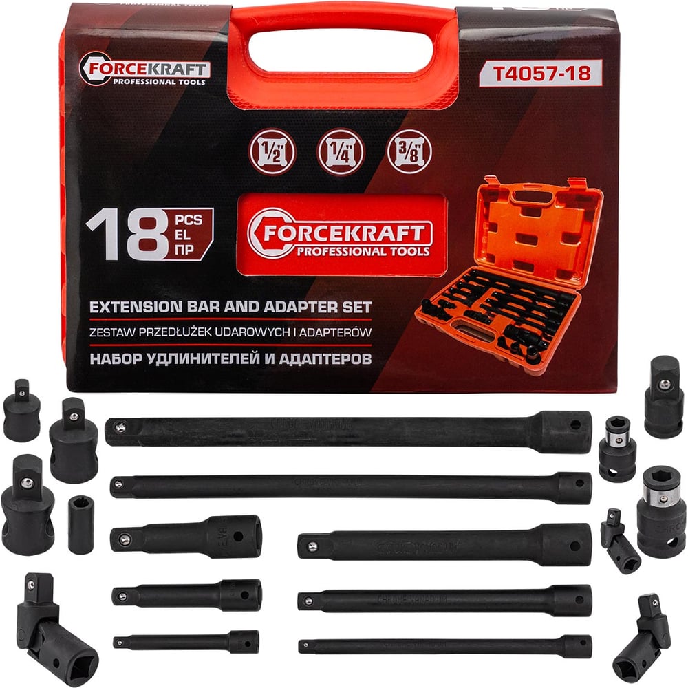 Изображение товара Набор удлинителей и адаптеров Forcekraft 18 предметов 1/4 3/8 1/2 FK-T4057-18