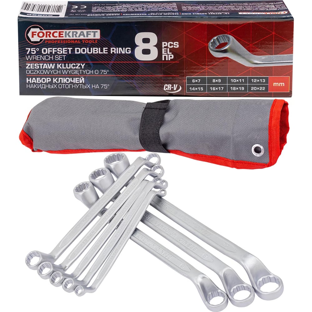 Изображение товара Набор ключей Forcekraft FK-5088P 8 шт. с отогнутыми головками 6-22 мм