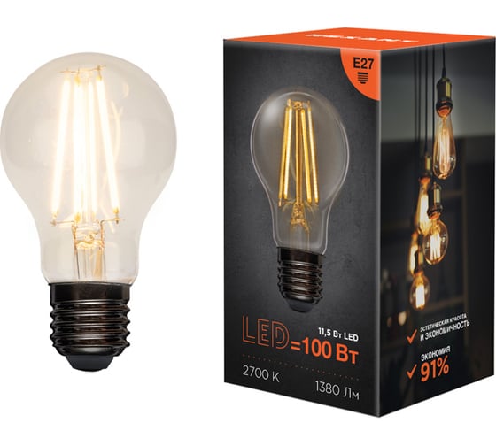 Изображение товара Филаментная лампа REXANT Груша A60 11.5 Вт 2700K E27 604-076