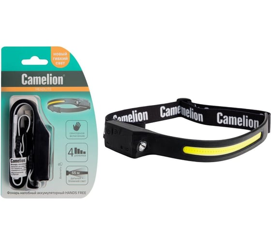 Изображение товара Фонарь налобный аккум Camelion LED53407 3,7В, черн, XPE + COB LED, 5 Вт, 4 реж, Type-C, блист 15758
