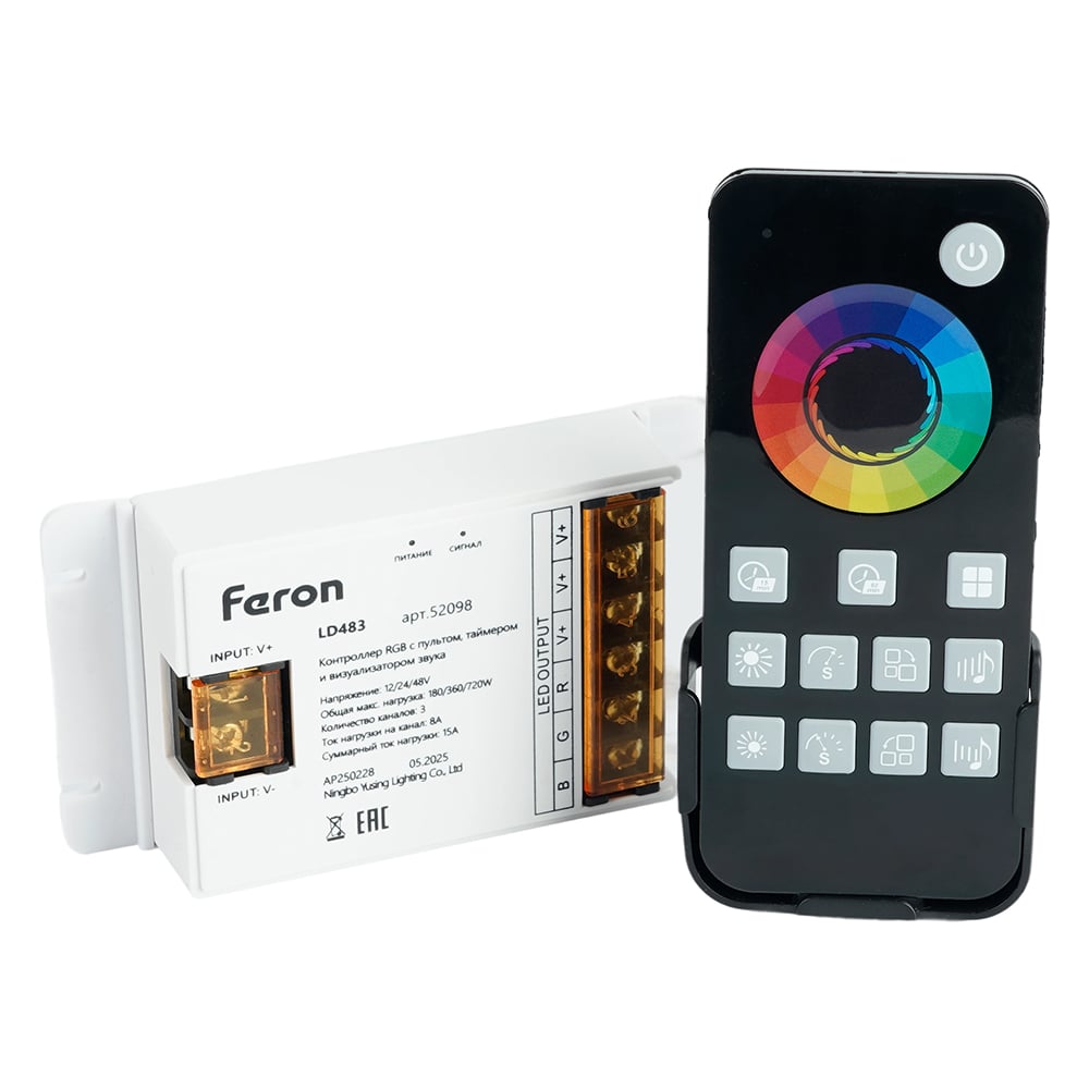 Изображение товара Контроллер RGB FERON LD483 с пультом таймером и визуализатором звука 12-48V