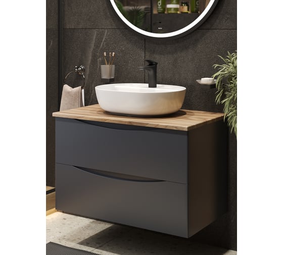 Изображение товара Тумба c раковиной подвесная BOND Cube серая, со столешницей, под дерево T09807-S01500