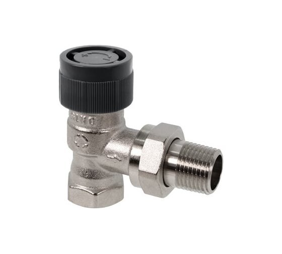 Изображение товара Вентиль AR термостатический угловой без преднастройки OVENTROP DN-20, 3/4, 3/4, ВН, латунь никелированная, НГ со штуцером, черный колпачок 118100006