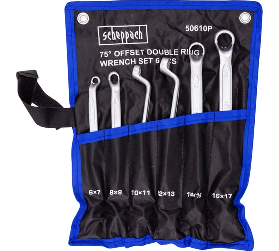 Изображение товара Ключи накидные Scheppach отогнутые на 75 град., набор 6 предметов (6х7, 8х9, 10х11, 12х13, 14х15, 16х17мм) Sch-50610P(63266)