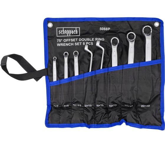 Изображение товара Ключи накидные Scheppach отогнутые на 75 град., набор 8 предметов (6х7, 8х9, 10х11, 12х13, 14х15, 16х17, 18х19, 20х22мм) Sch-5088P(63268)