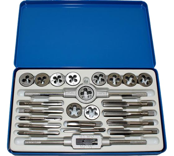 Изображение товара Комплект резьбонарезного инструмента: вороток и плашкодержатель CNIC и по 11 метчиков и плашек М5-М12 в мет. футл.24 поз.SM024-1 65503