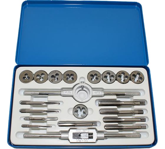 Изображение товара Комплект резьбонарезного инструмента: вороток и плашкодержатель CNIC и по 9 метчиков и плашек М3-М12 в мет. футл.20 поз.SM020-1 65502