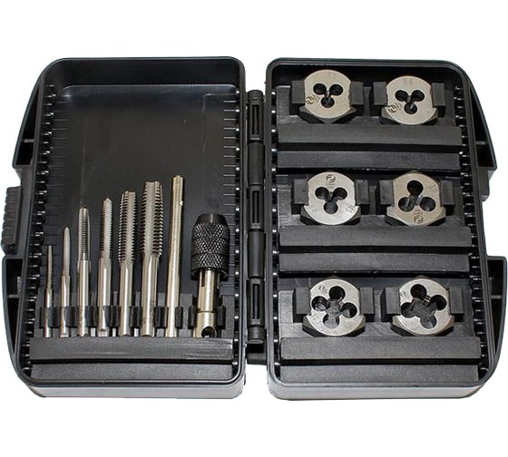Изображение товара Комплект резьбонарезного инструмента CNIC Вороток и по 6 метчиков и шестигранных плашек М3-М10 в пласт. футл.13 поз.SP013-1 " 65504