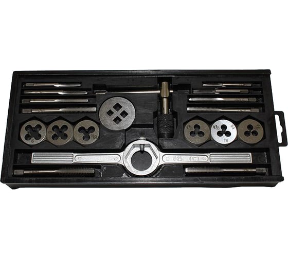 Изображение товара Комплект резьбонарезного инструмента: вороток и плашкодержатель CNIC 10 метчиков и 6 плашек М3-М10 9ХС в пласт. футляре 19 поз. SP019-1 65508