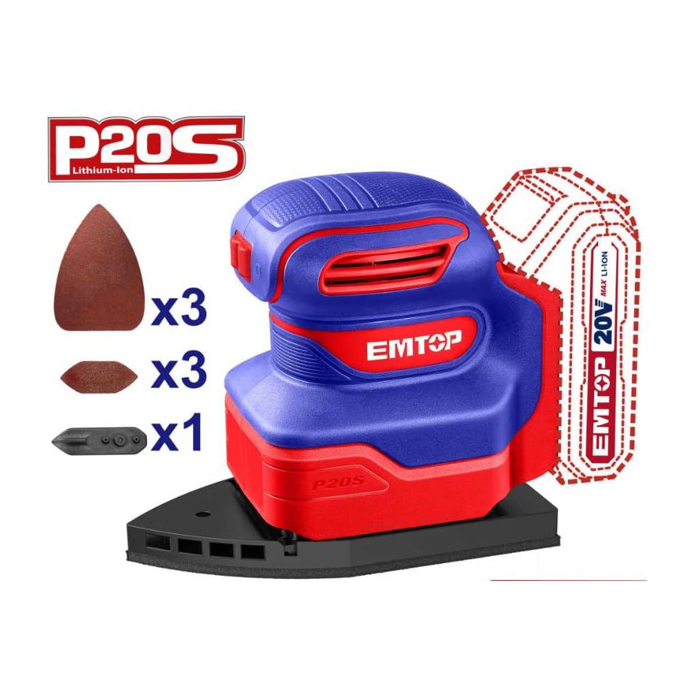 Изображение товара Аккумуляторная вибрационная шлифмашина emtop ELPS2014 бытовая делташлифовальная