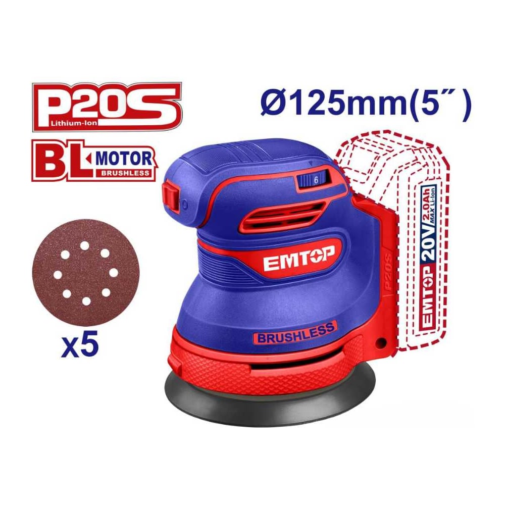 Изображение товара Аккумуляторная эксцентриковая шлифмашина emtop ELROS2002 125 мм 20 В