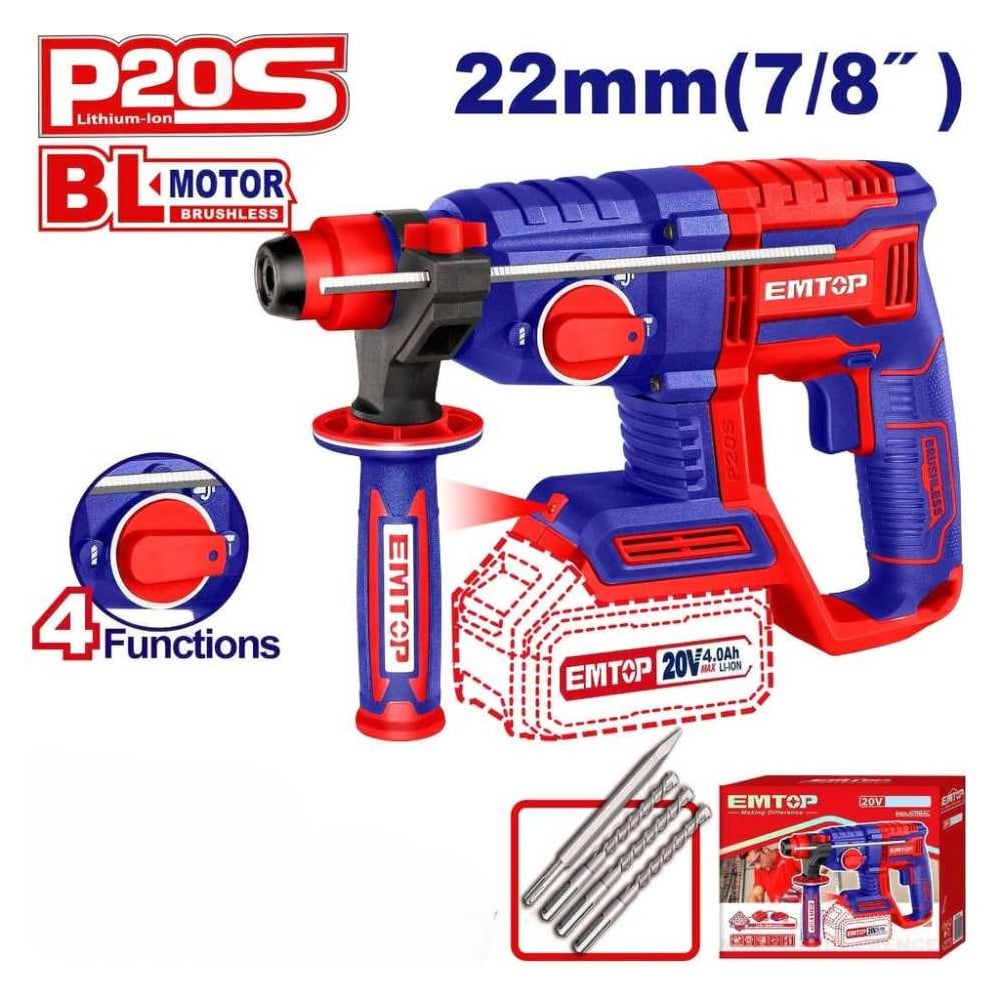 Изображение товара Аккумуляторный перфоратор emtop ELRH20208 с 3 режимами и ударом 2 Дж