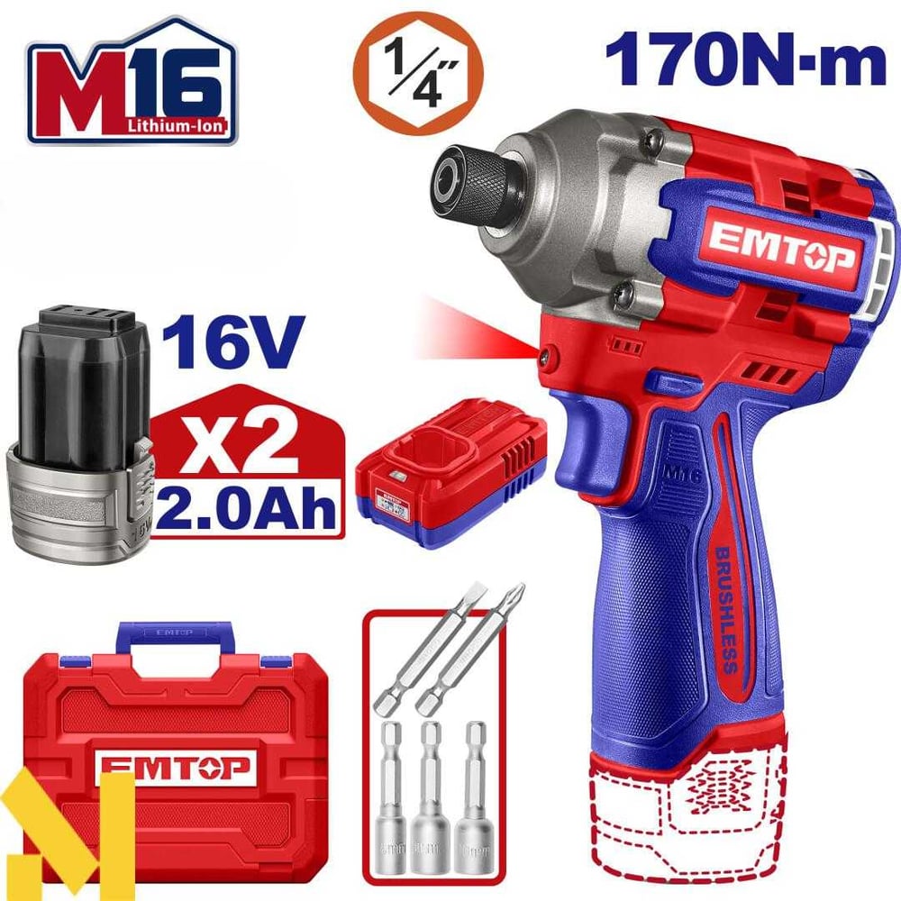 Изображение товара Аккумуляторный ударный шуруповерт emtop ECIRL16178 с кейсом