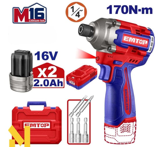 Изображение товара Аккумуляторный ударный шуруповерт emtop ECIRL16178
