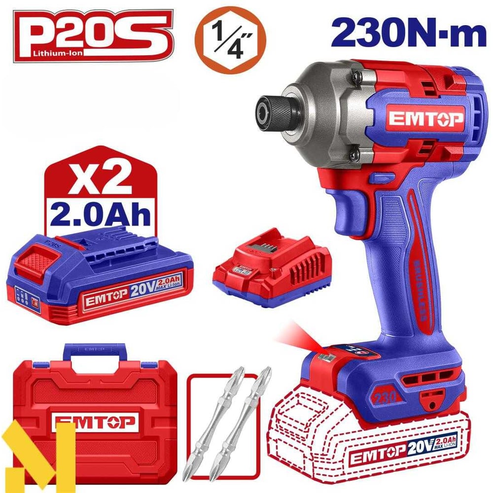 Изображение товара Аккумуляторный ударный шуруповерт emtop ECIRL2023 20 В Бесщеточный с двумя аккумуляторами и кейсом