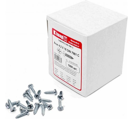 Изображение товара Саморез Квадра DIN 7981 4.2x16 цинк, кор. 1000 шт., полусфера, шлиц PH2, острый 814216031000