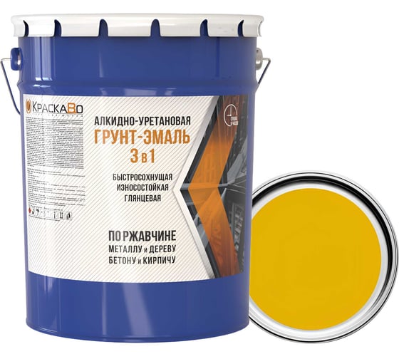Изображение товара Краска строительная 3 в 1 Москвичка ГРУНТ-ЭМАЛЬ алкидно-уретановая, желтая, 25кг 4620105774611