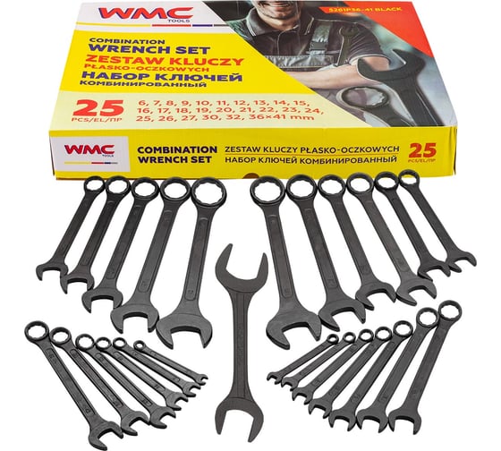 Изображение товара Набор ключей комбинированных WMC TOOLS 25 предметов (6-27, 30, 32), в пластиковом держателе и рожковый ключ 36х41 мм WMC-5261P36-41 Black(63658)