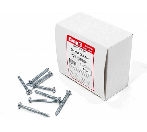 Изображение товара Саморез Квадра DIN 7981 4.8x50 цинк, кор. 100 шт., полусфера, шлиц PH2, острый 814850050100
