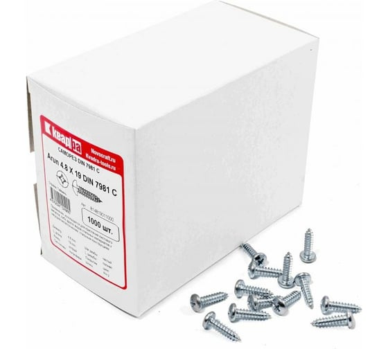 Изображение товара Саморез Квадра DIN 7981 4.8x19 цинк, кор. 1000 шт., полусфера, шлиц PH2, острый 814819011000