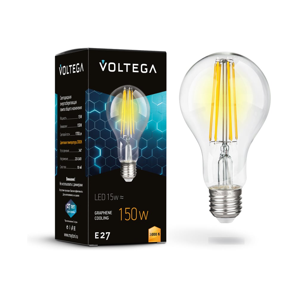 Изображение товара Светодиодная лампочка VOLTEGA 7226 E27 12 Вт 3000K прозрачная груша