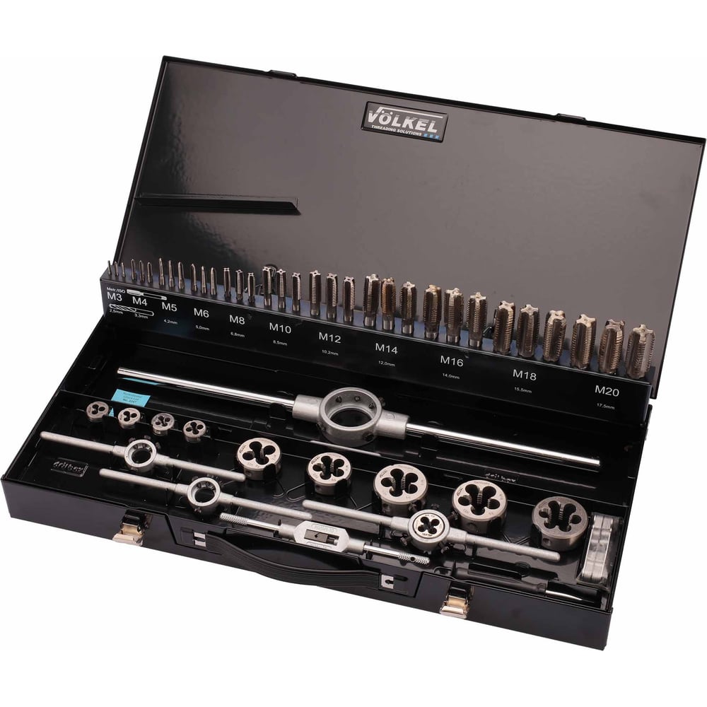 Изображение товара Набор метчиков и плашек VOLKEL для метрической левой резьбы M3 - M20 HSS-G 52пр