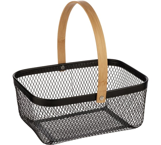 Изображение товара Корзина для хранения универсальная Mallony металлическая с бамбуковой ручкой, прямоугольная, 23.5х19х10 см 310904