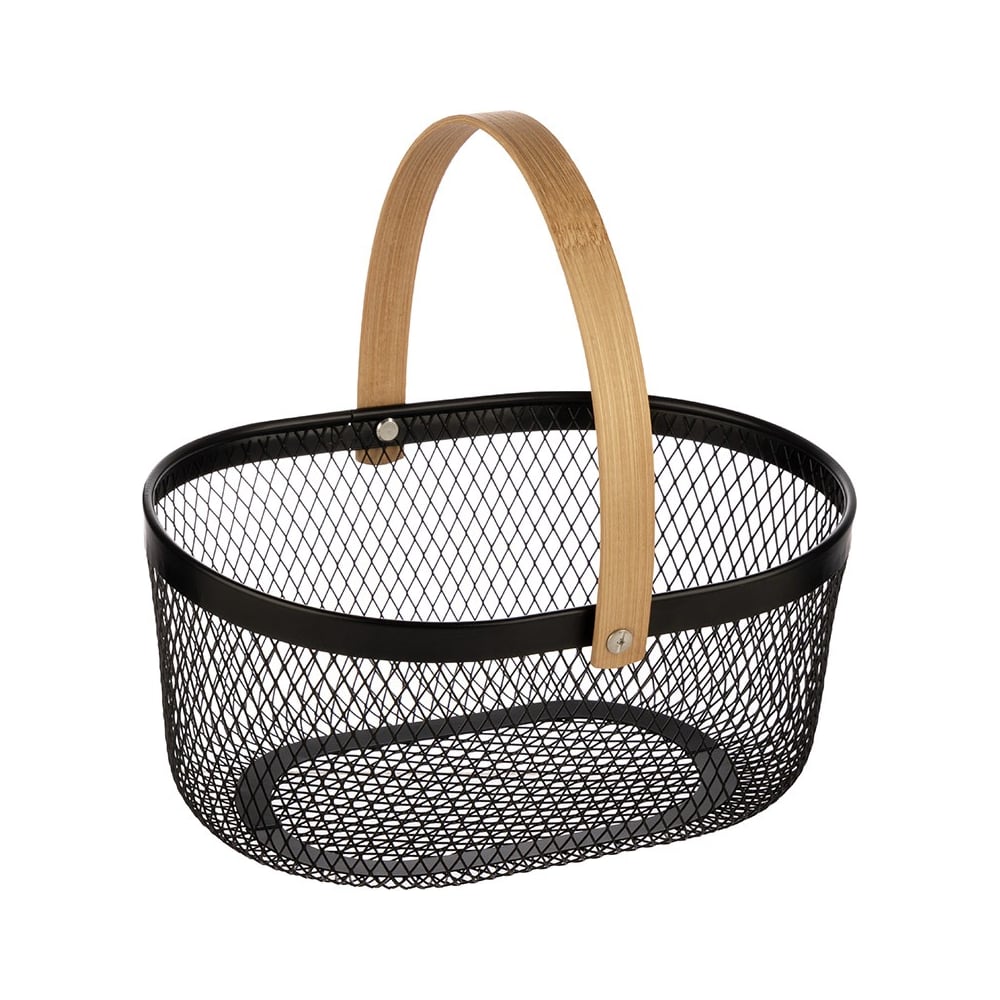 Изображение товара Корзина для хранения металлическая с бамбуковой ручкой овальная 23х18.5х11 см Mallony