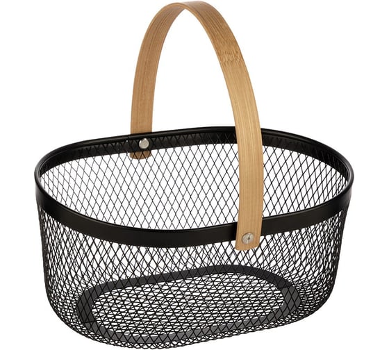 Изображение товара Корзина для хранения универсальная металлическая Mallony с бамбуковой ручкой, овальная, 23х18.5х11 см 310903