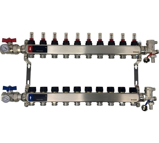 Изображение товара Коллектор WAAG 589.F 1х3/4, 10 выходов, c клапанами, с расходомерами, сталь нерж., в сборе WG.589.0610.F