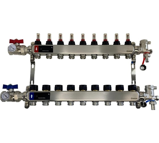 Изображение товара Коллектор WAAG 589.F 1х3/4, 9 выходов, c клапанами, с расходомерами, сталь нерж., в сборе WG.589.0609.F