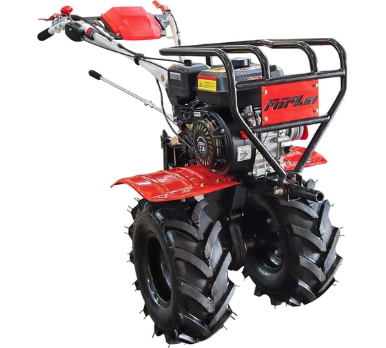 Изображение товара Мотоблок FORZA Мотоблок бензиновый МБ5 702  двигатель 7 л.с., редуктор чугунный, привод ременной, скорость 6 вперед 2 назад, руль поворотный, вал S24, колесо: 19х7х8, фрезы 3 группы 24 ножа. Кенгурятник. Мотоблок FORZAМБ5702PRO