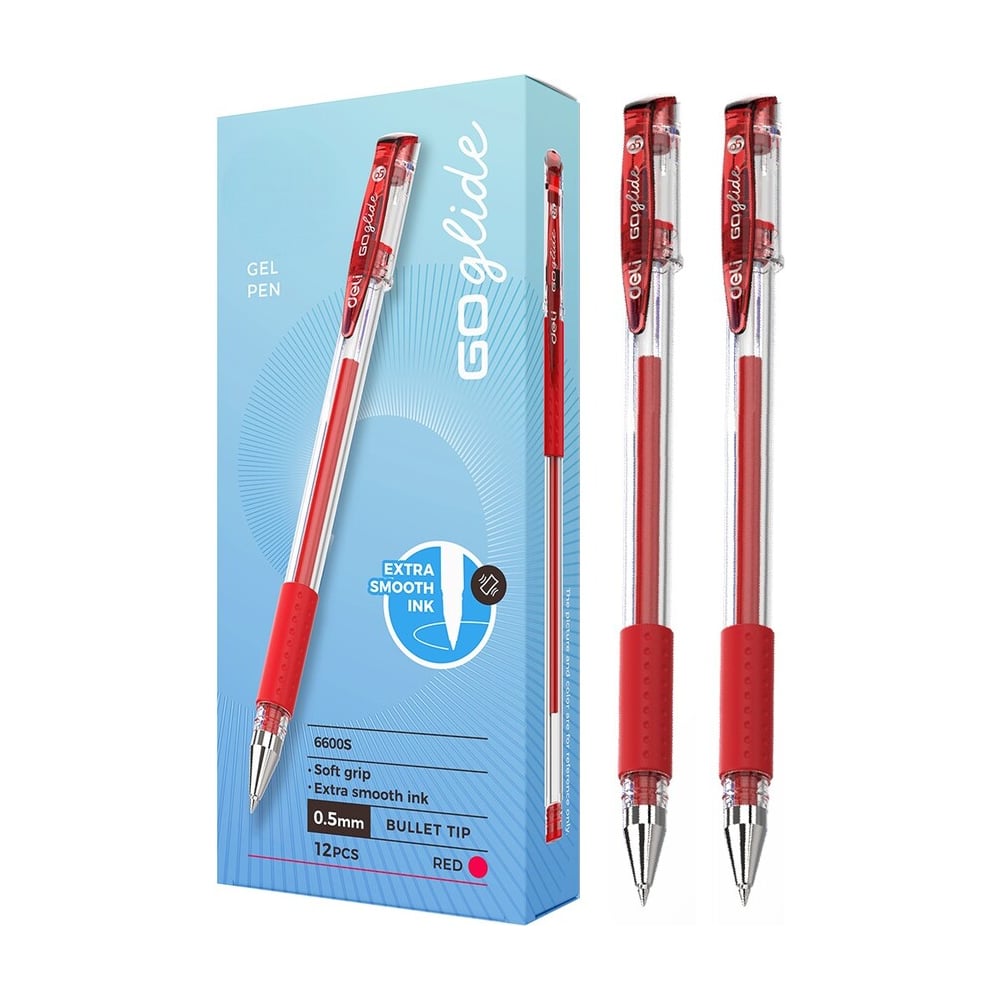 Изображение товара Гелевая ручка DELI E6600S 0.5 мм набор 12 шт. красные чернила с резиновой манжетой
