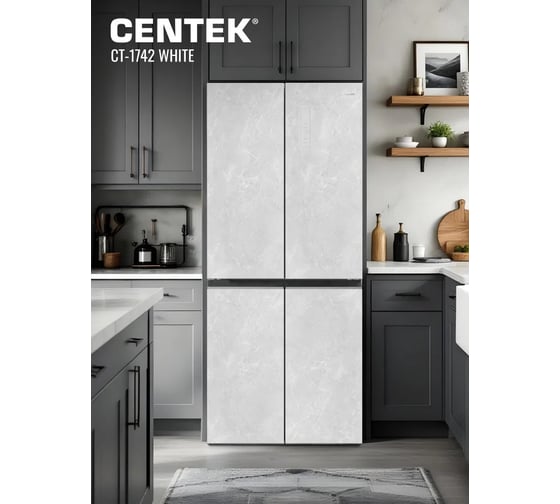 Изображение товара Холодильник Centek 415л, 148л/267л, 782х630х1825мм текстура камень, 4 двери А++ CT-1742 White Stone
