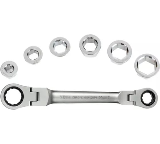 Изображение товара Набор WORKPRO: Ключ гаечный трещоточный накидной двухсторонний с шарниром 14 х 19мм PRO CR-V (72 зуба, с насадками 8,10,12,13,15,17мм, 7 предметов) WP202569