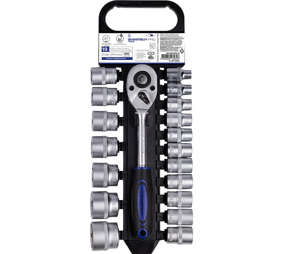Изображение товара Набор головок и трещотка SMARTBUY, на 1/2 дюйма, 19 предметов, CR-V сталь, Smartbuy PRO TOOLS SBT-PRO-SSW-19