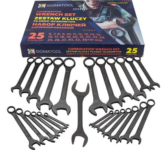 Изображение товара Набор ключей комбинированных SIGMATOOL 25 предметов (6-27, 30, 32), в пластиковом держателе и рожковый ключ 36х41 мм Sigmatool-5261P36-41 Black(63661)