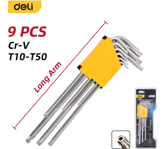 Изображение товара Набор шестигранных ключей DELI TORX сверхдлинных 9шт DL3095, размеры Т10,Т15,Т20,Т25,Т27,Т30,Т40,Т45,Т50 220428